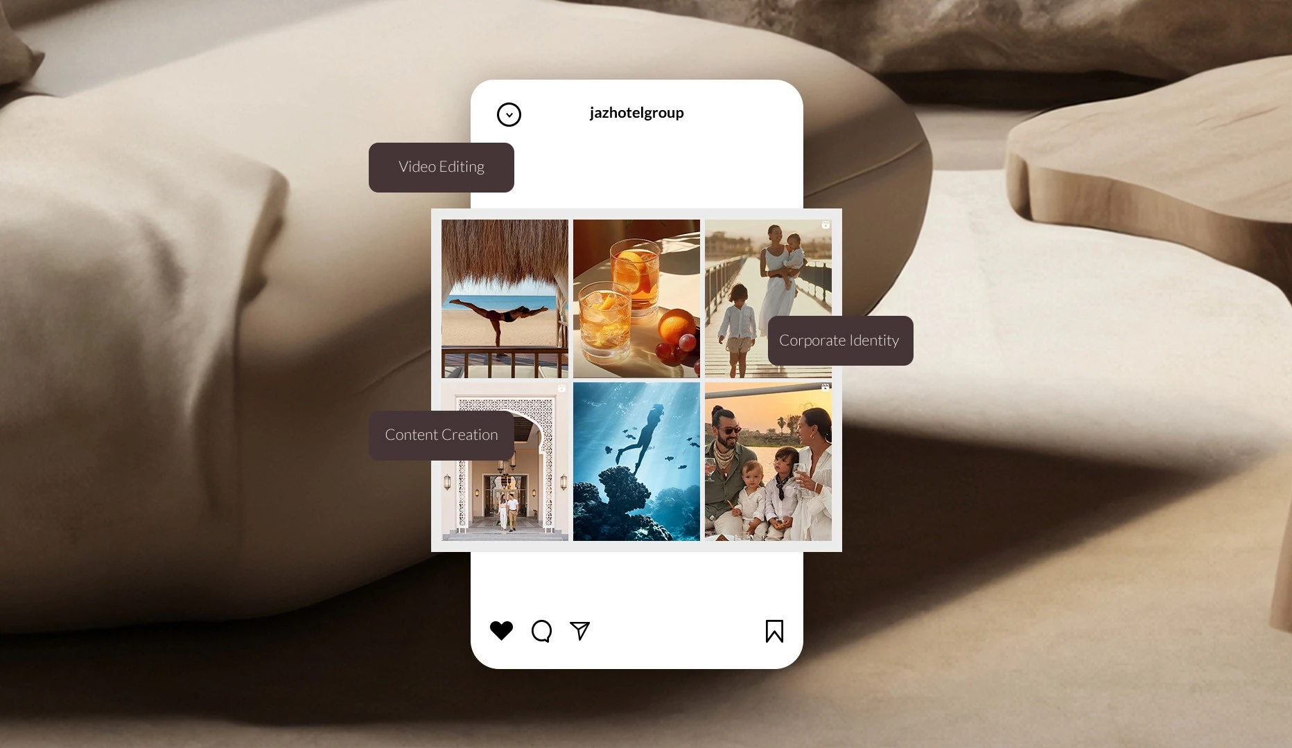 Phone mockup displaying a JAZ hotel social feed beside a coffee cup
