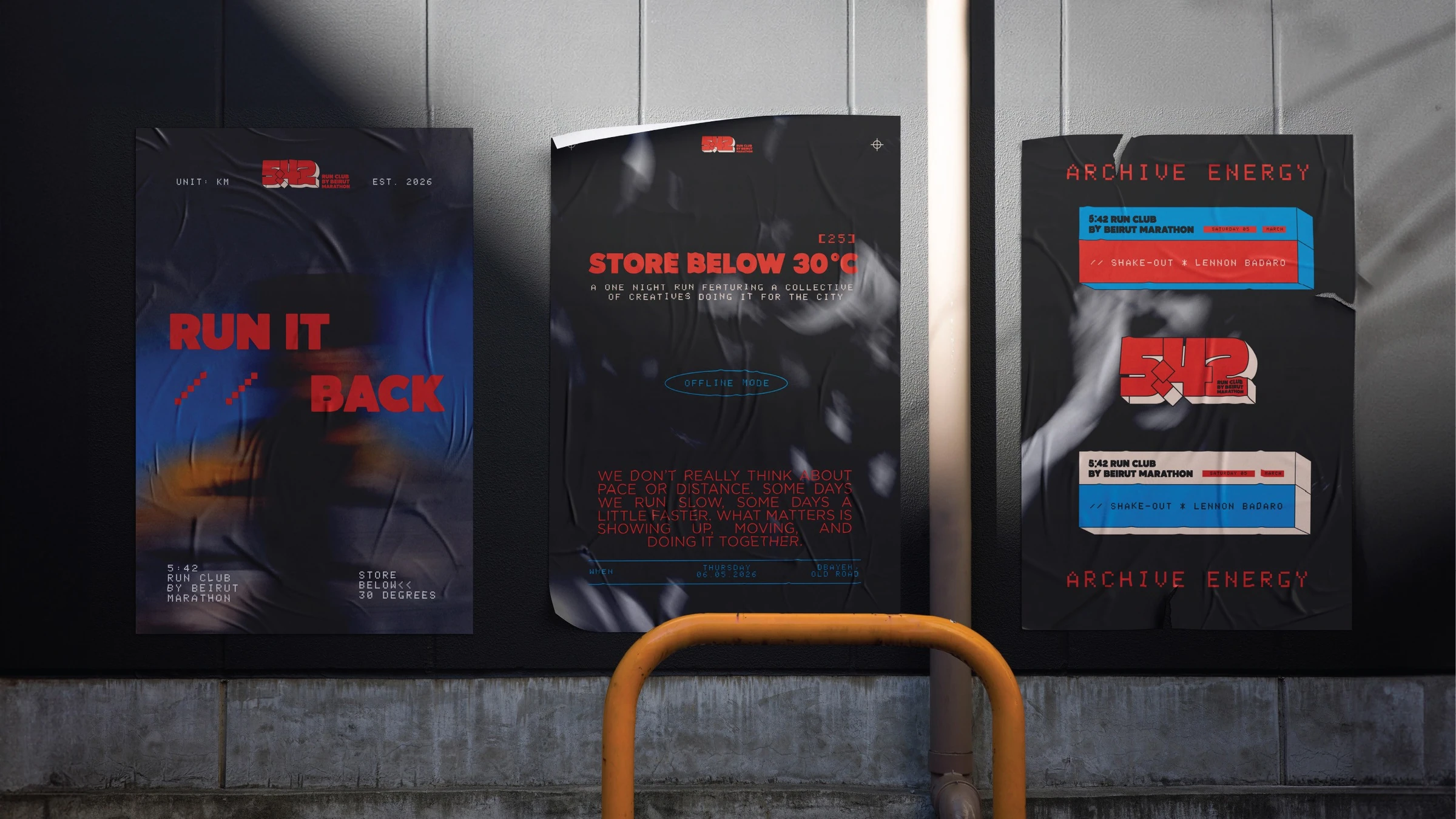 5:42 Run Club posters and digital advertising displayed at a transit shelter