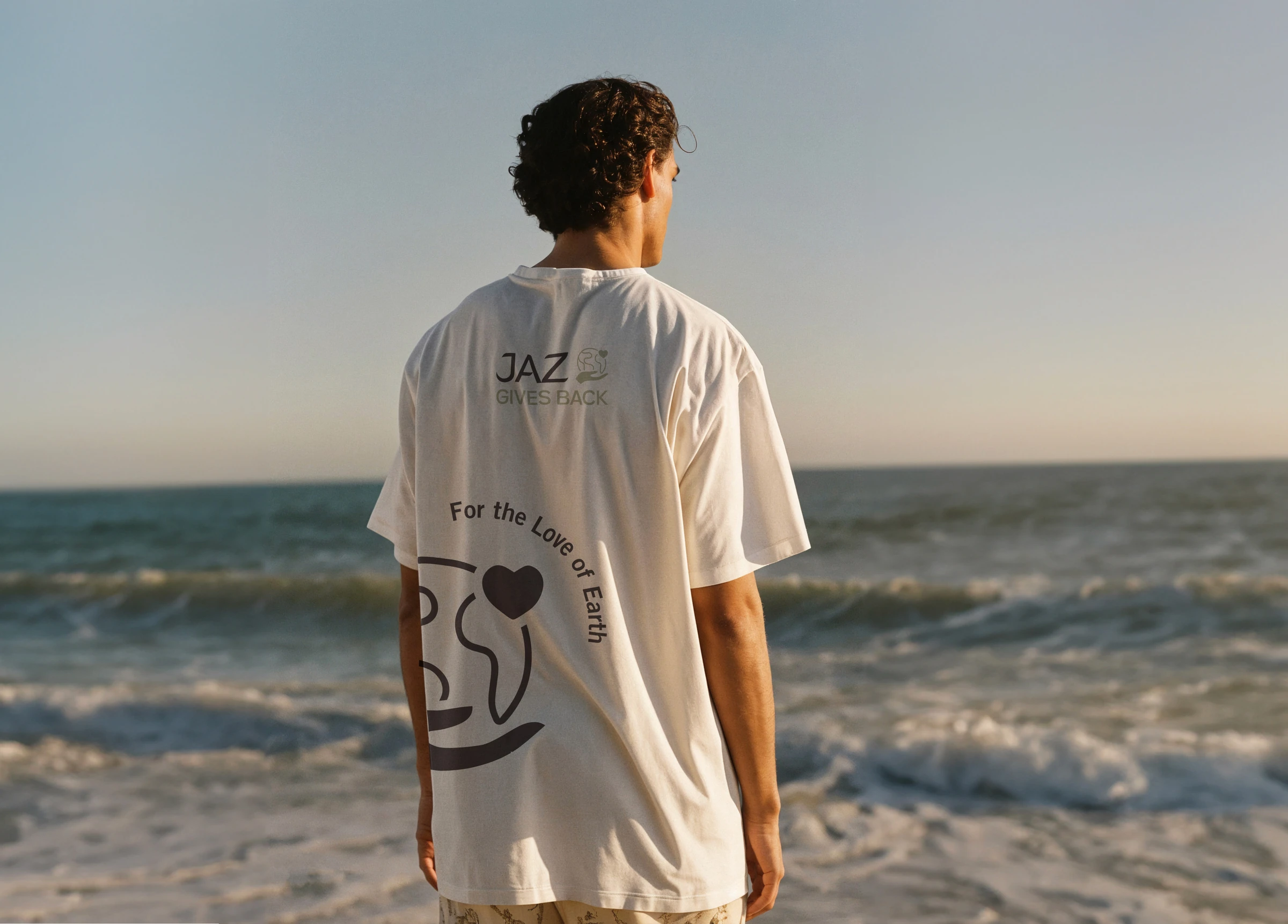 Person wearing a JAZ branded T-shirt facing the sea