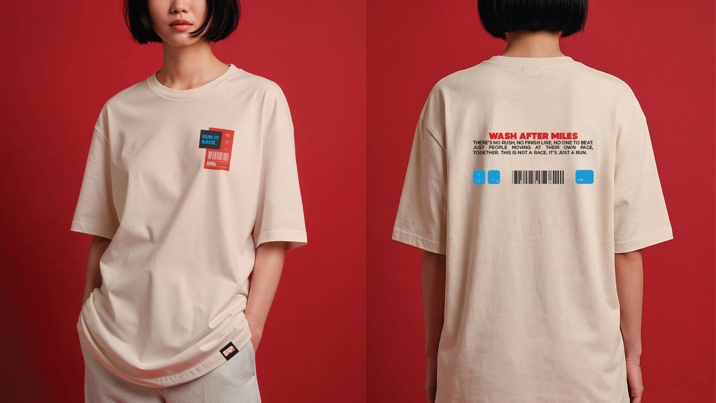 Front and back of a cream 5:42 Run Club T-shirt against a red backdrop