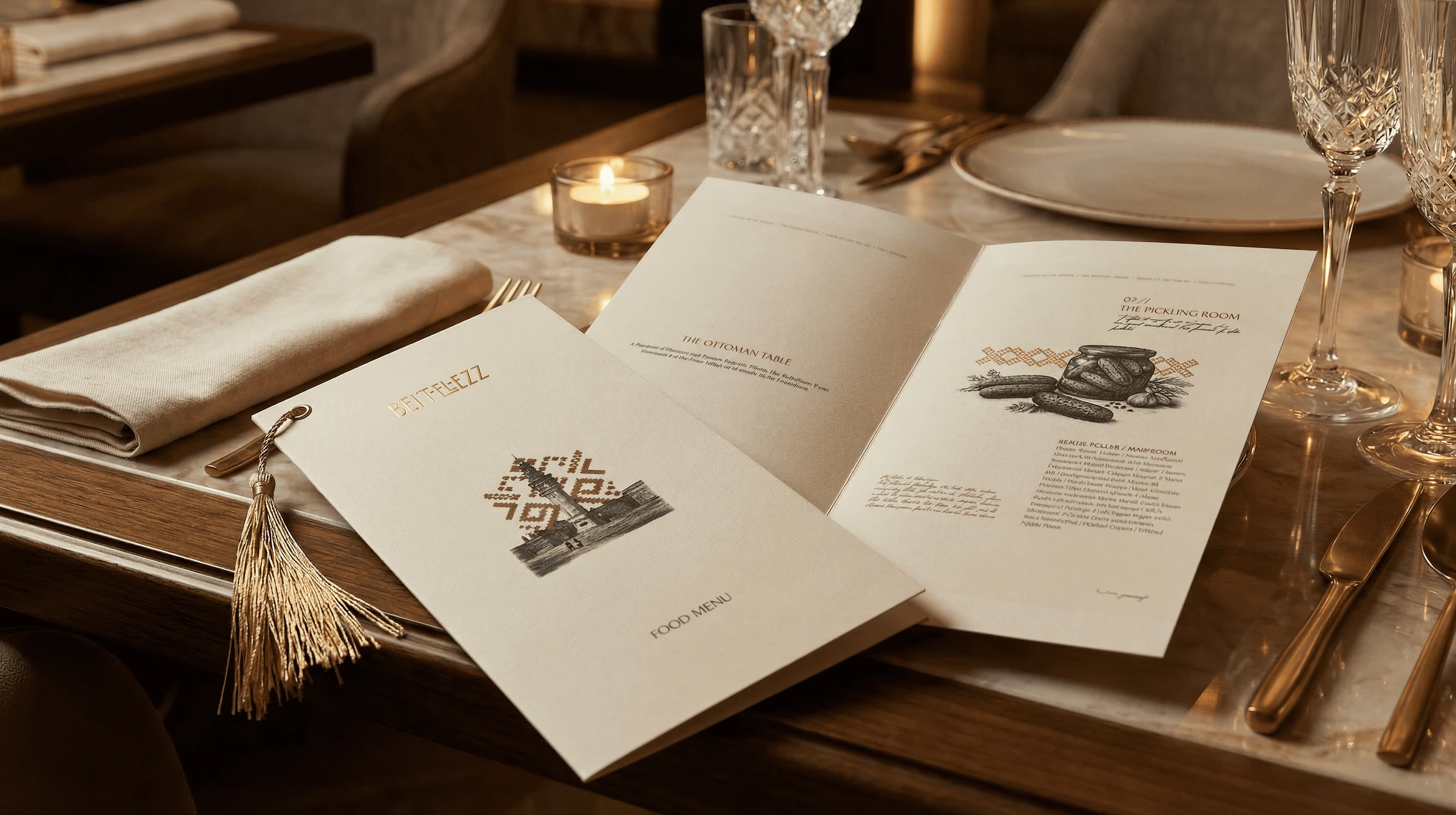 Open restaurant menus with food illustrations on a set table